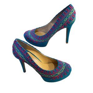 GIANNI Bini Alexis Teal Blue Pink Embroidered Stiletto Shoes Boho Women Size 9.5